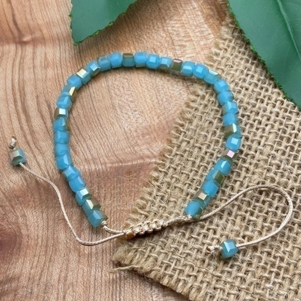 Cubic Boho Bracelet Iridescent Light Blue Tan‎ Crystal Beaded Adjustable Length